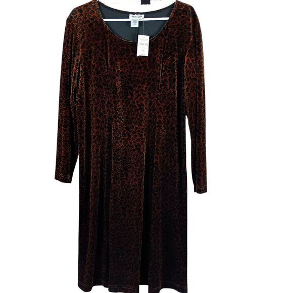 Coldwater Creek Animal Leopard Print Velvet Dress P16 Brown & Black Long Sleeve - Picture 1 of 8